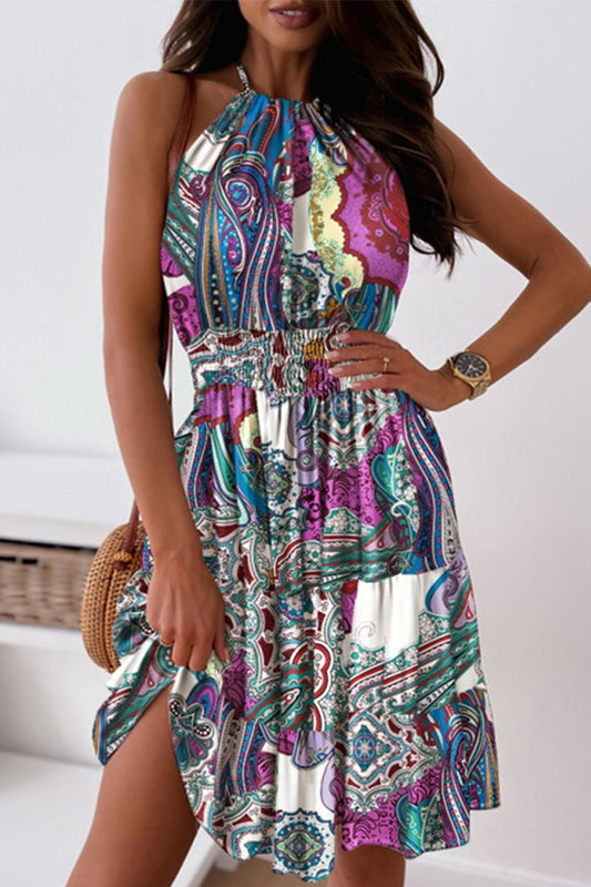 Elegant College Floral Patchwork Halter Irregular Dress Dresses