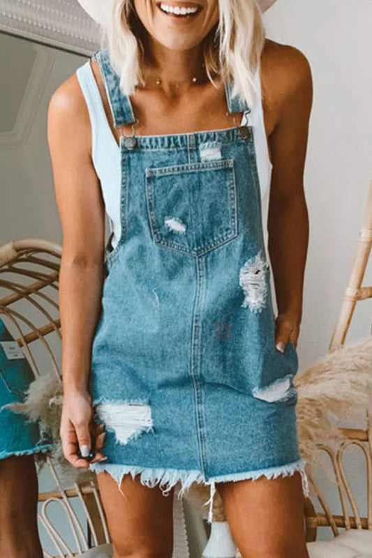 Casual Solid Ripped Pocket Square Collar Sleeveless Straight Denim Skirts