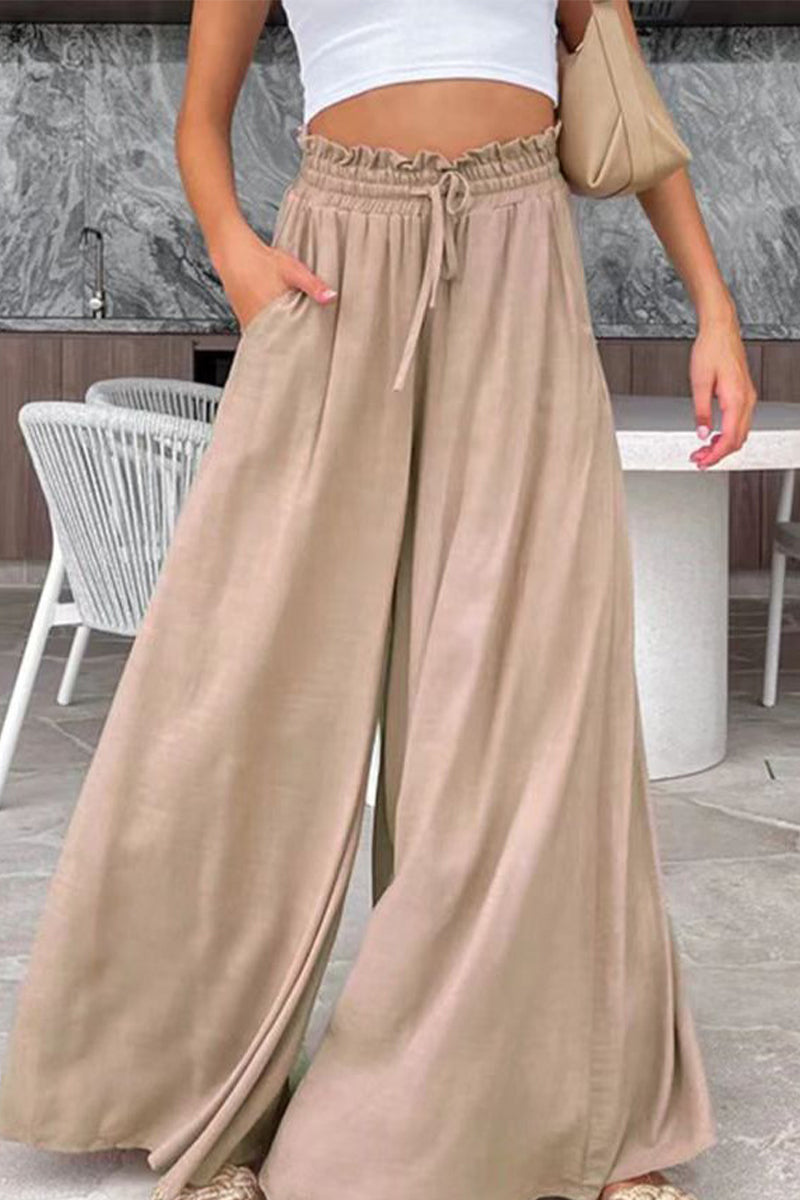 Casual Vacation Solid Stringy Selvedge Loose Mid Waist Wide Leg Solid Color Bottoms