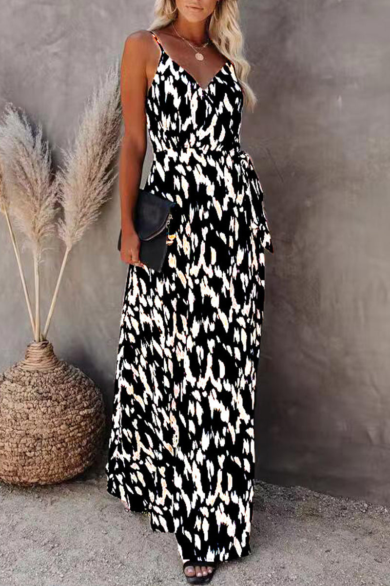 College Vacation Zebra Print Patchwork V Neck Sling Dress Dresses