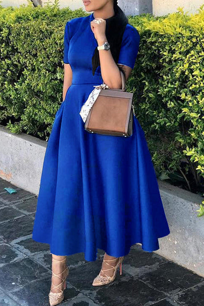 Celebrities Elegant Solid Solid Color O Neck Waist Skirt Dresses(4 Colors)