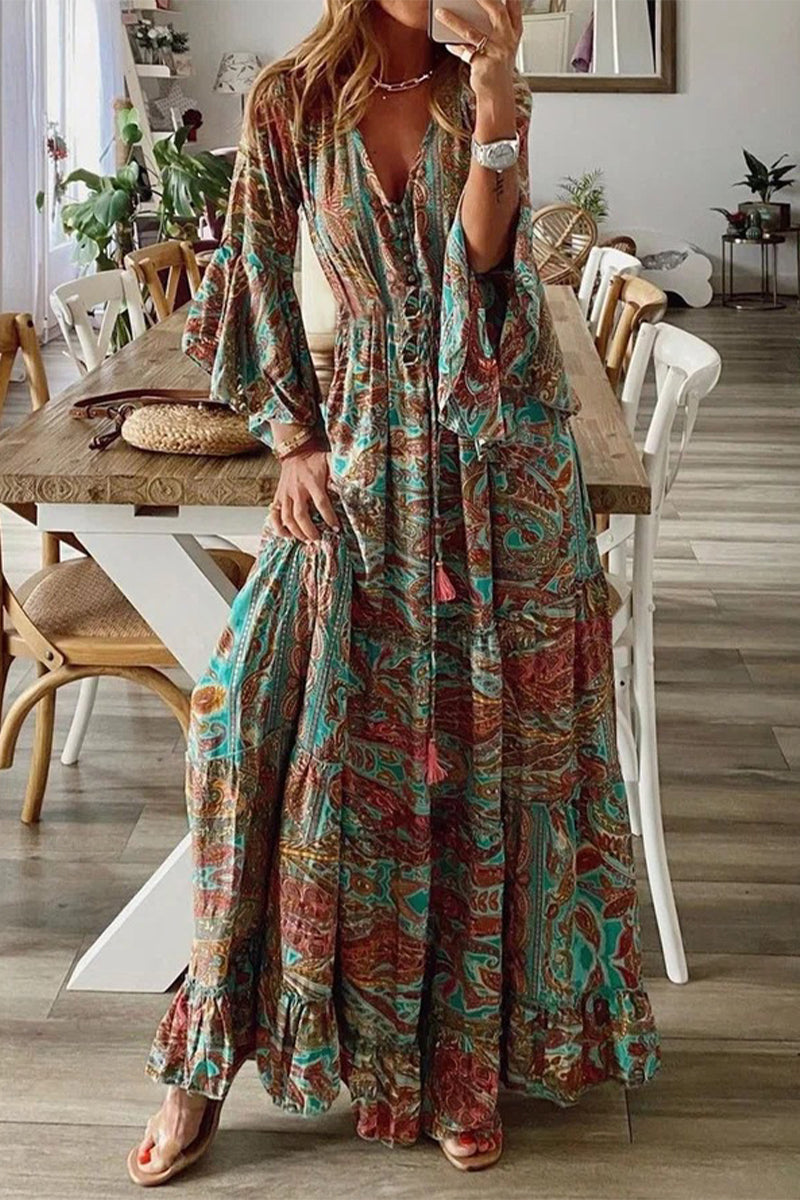 College Vacation Floral Patchwork V Neck A Line Dresses