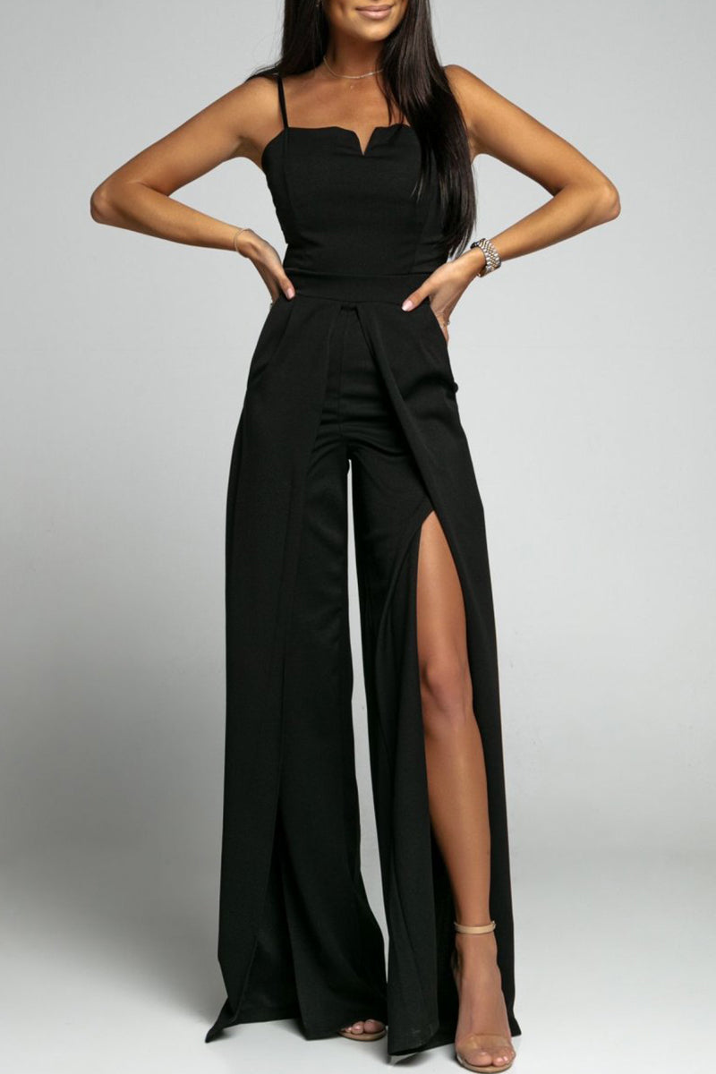 Celebrities Simplicity Solid Slit Solid Color Square Collar Regular Jumpsuits(6 Colors)