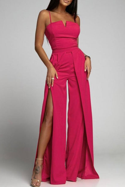 Celebrities Simplicity Solid Slit Solid Color Square Collar Regular Jumpsuits(6 Colors)