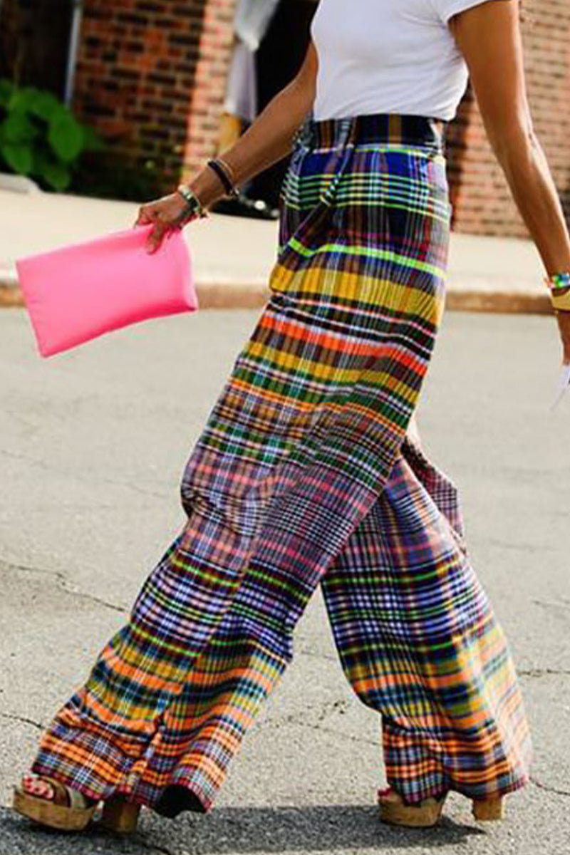 Casual Street Plaid Patchwork Contrast Loose High Waist Straight Patchwork Bottoms