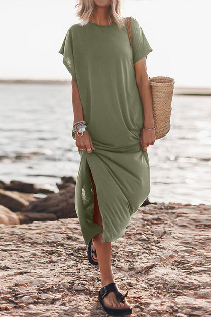 Casual Solid Slit O Neck Short Sleeve Dress