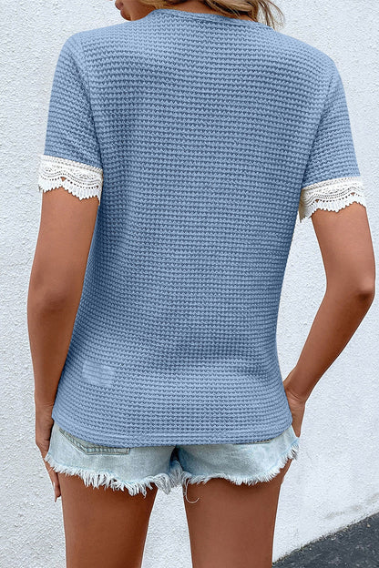 Casual Work Solid Lace Contrast V Neck T-Shirts