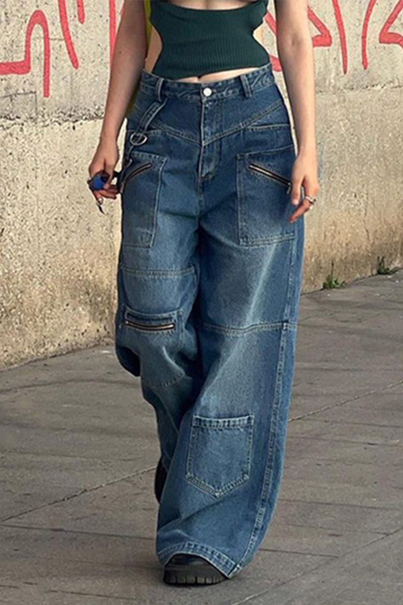 Casual Street Solid Pocket Loose Denim Jeans