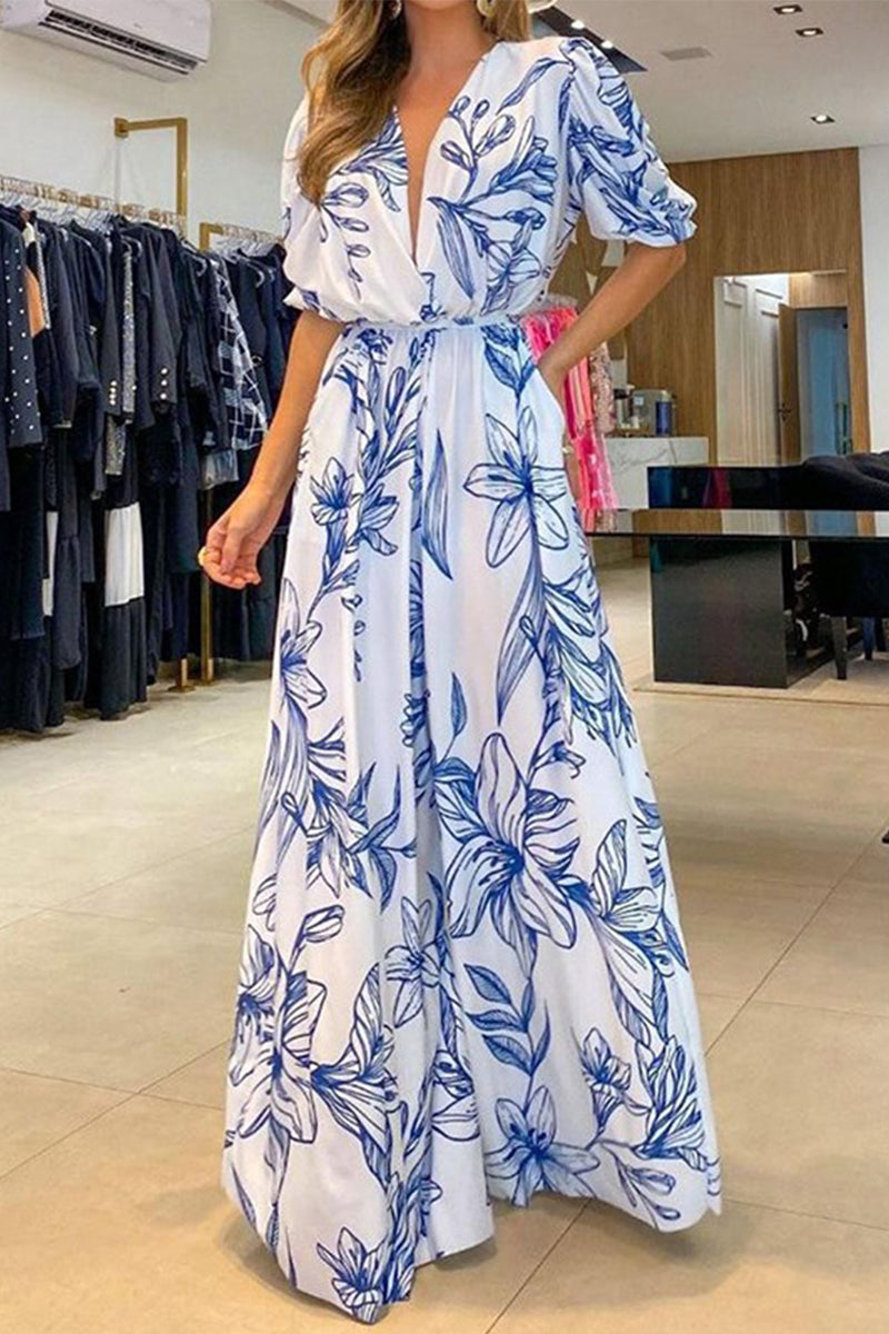 Elegant Floral Frenulum V Neck A Line Dresses