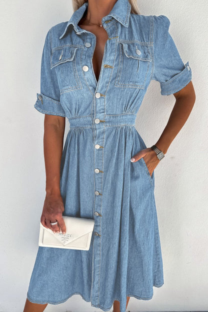 Casual Solid Patchwork Turndown Collar Short Sleeve High Waist Regular Denim Dresses