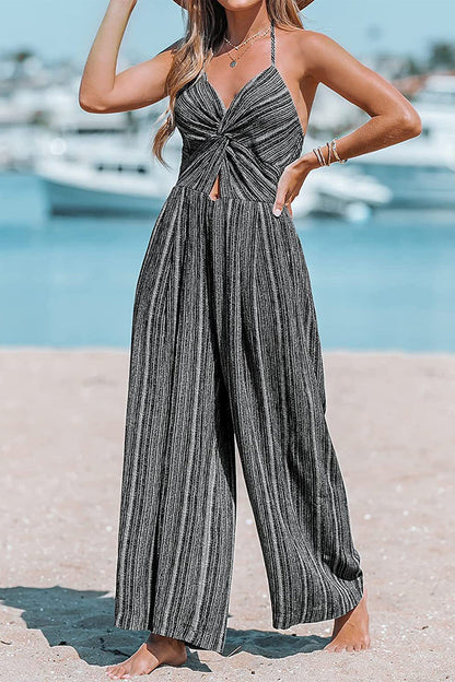 Daily College Striped Print Patchwork V Neck Loose Jumpsuits