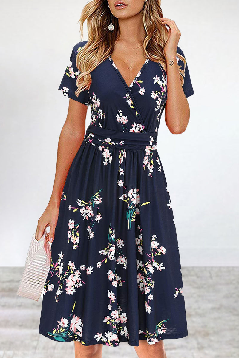 Elegant College Floral Patchwork V Neck A Line Dresses