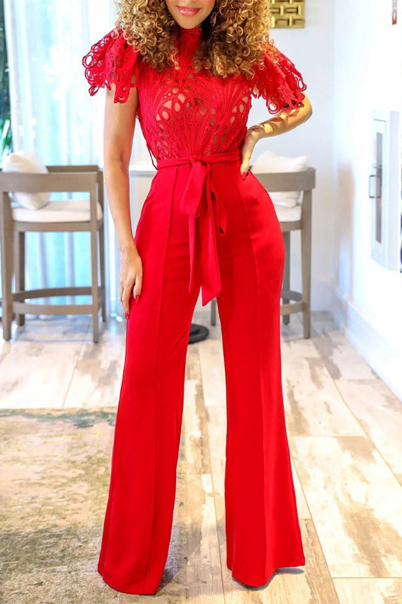 Casual Street Solid Hollowed Out Mandarin Collar Regular Jumpsuits