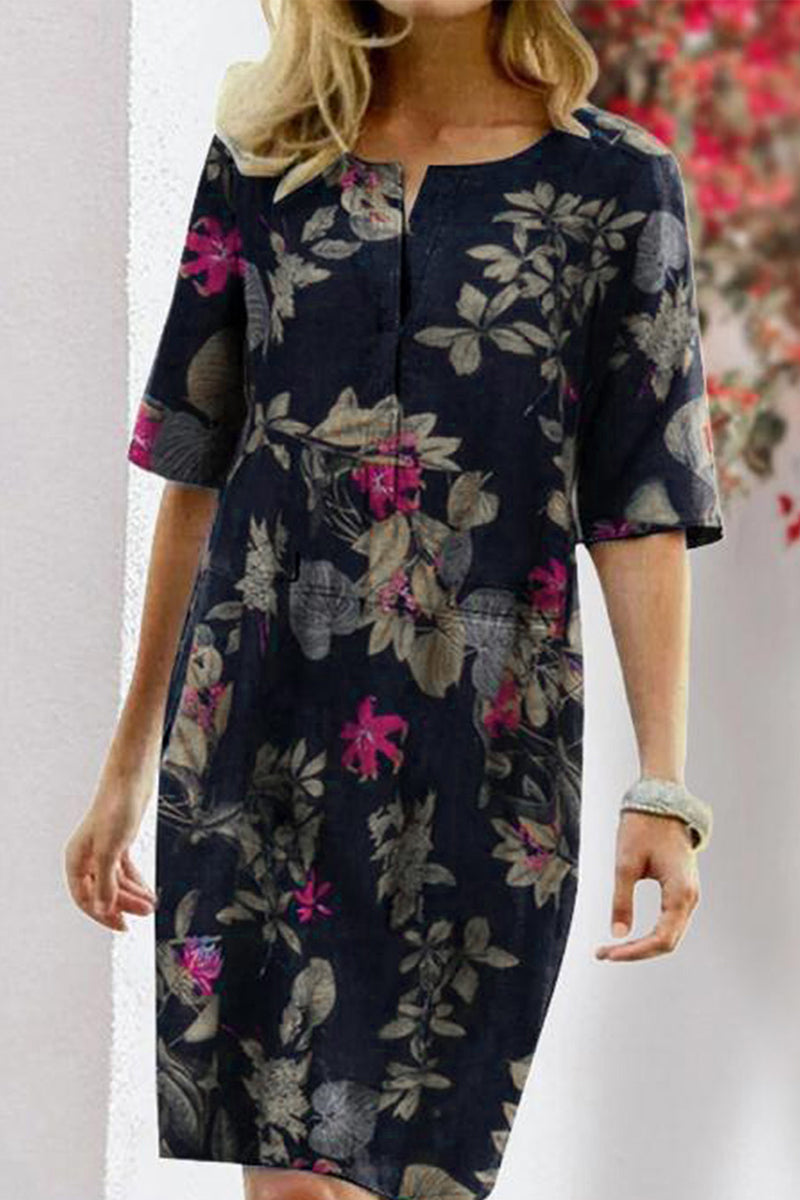 Elegant College Floral Patchwork O Neck Printed Dress Dresses