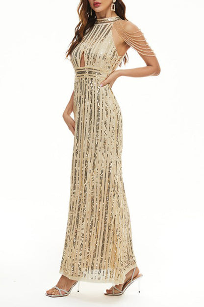 Celebrities Elegant Solid Sequins Patchwork O Neck Evening Dress Dresses