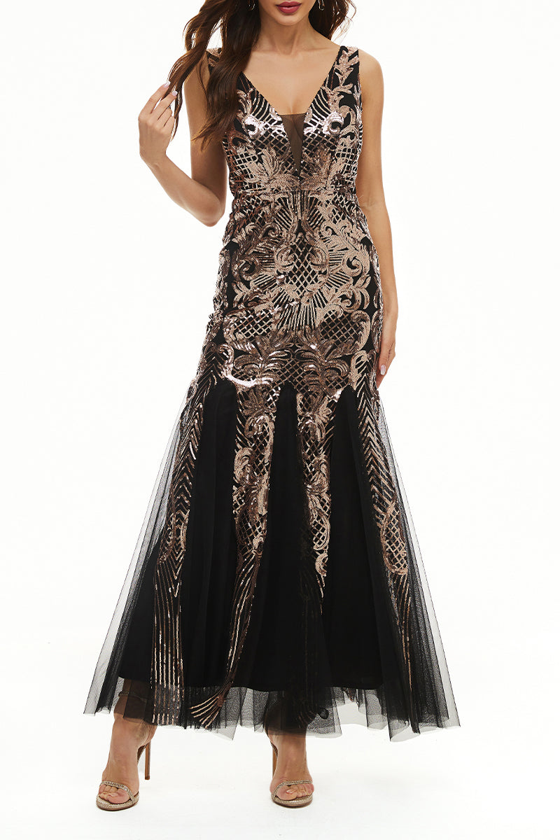 Elegant College Patchwork Sequins V Neck Evening Dress Dresses