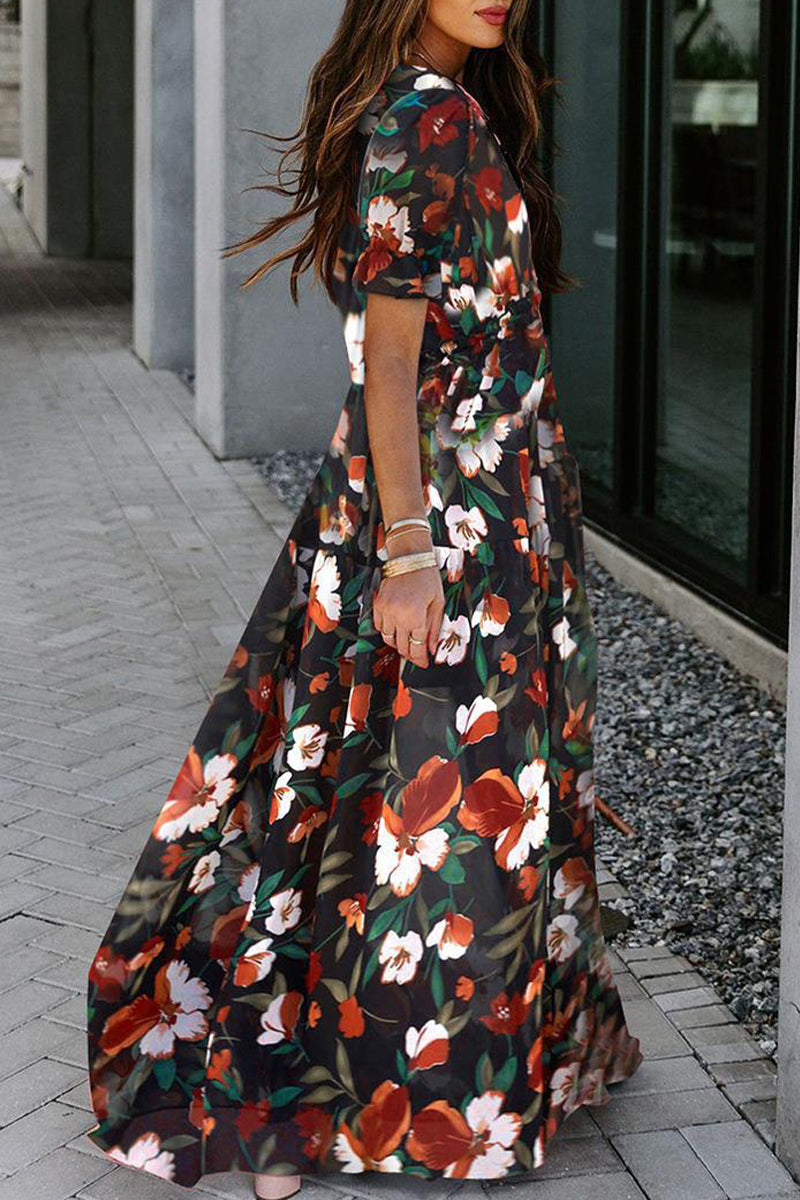 Elegant Floral Patchwork V Neck A Line Dresses(4 Colors)