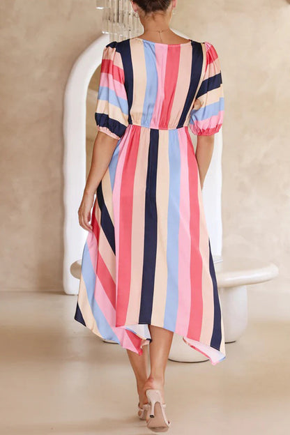 Casual Striped Print Asymmetrical V Neck A Line Dresses