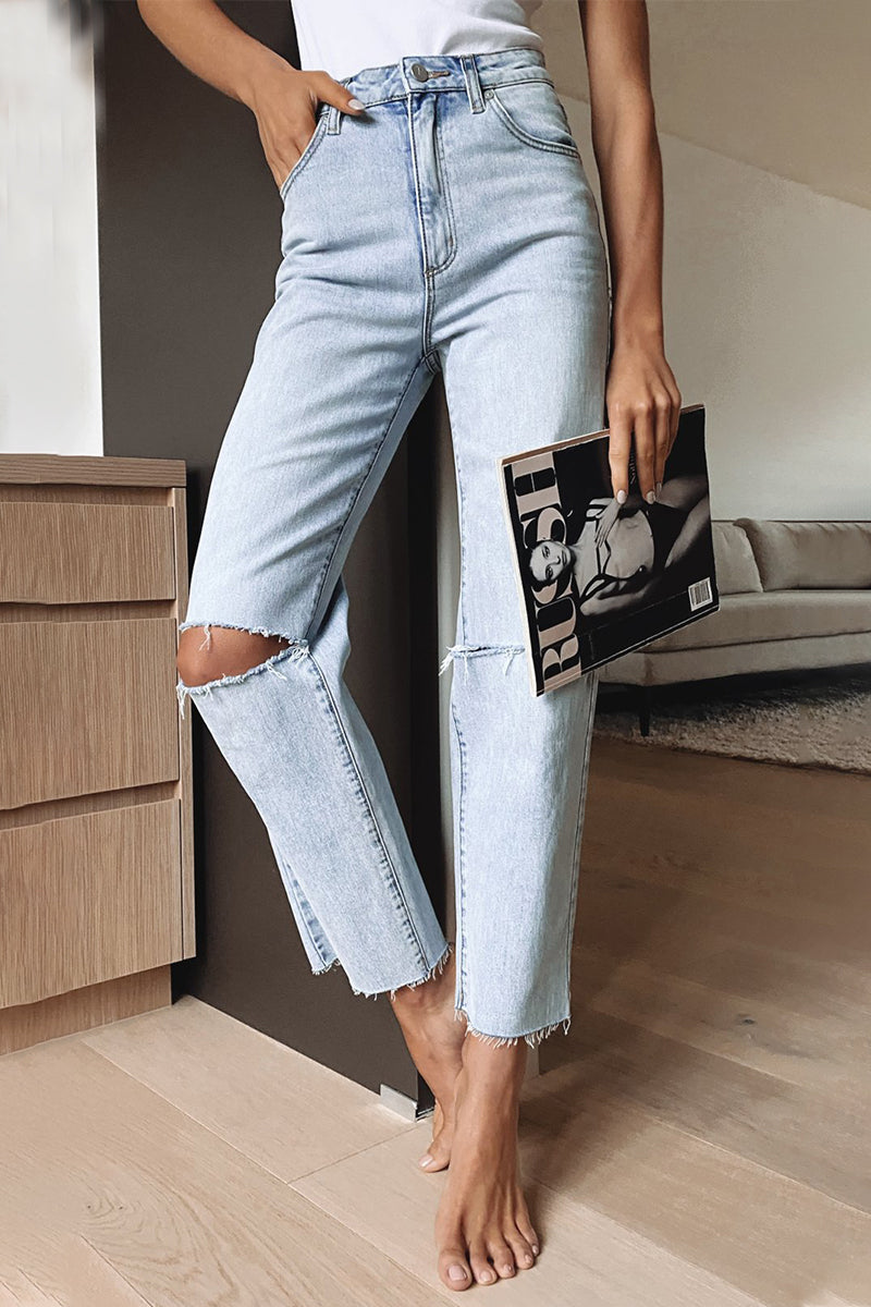 Casual Street Solid Ripped High Waist Regular Denim Jeans