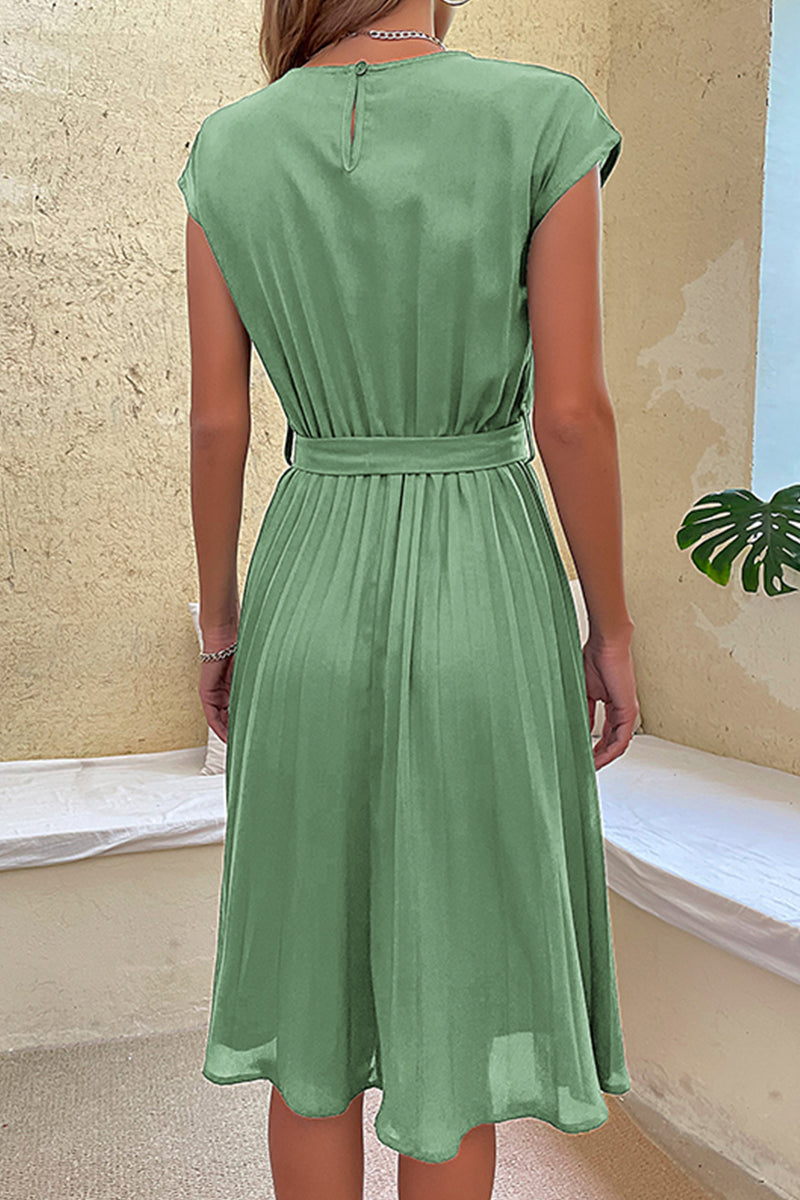 Elegant Solid Frenulum Fold O Neck Pleated Dresses