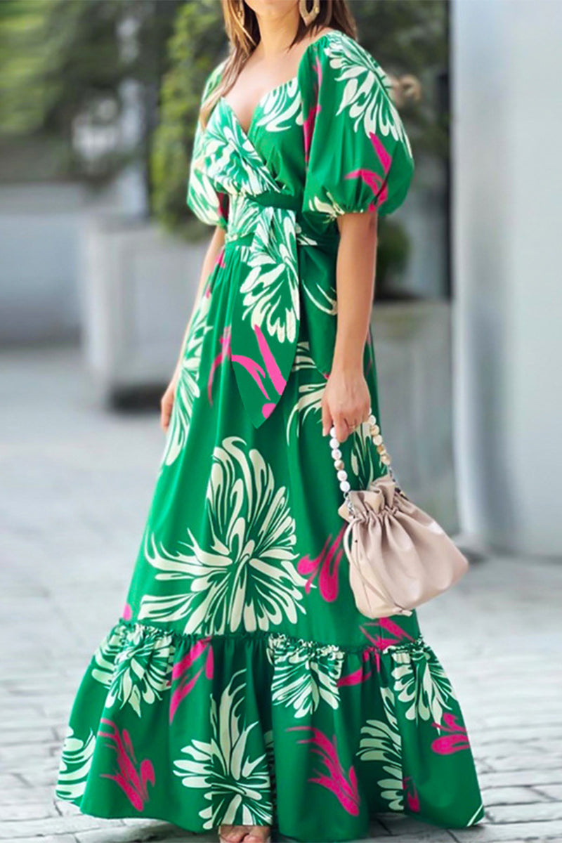 Elegant Floral Fold V Neck A Line Dresses