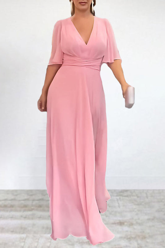 Elegant Solid Slit V Neck A Line Dresses