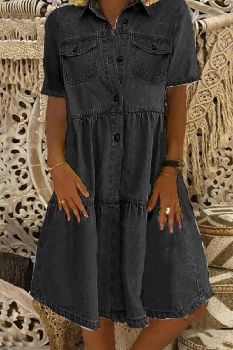 Casual Solid Patchwork Turndown Collar Short Sleeve Loose Denim Dresses(3 Colors)