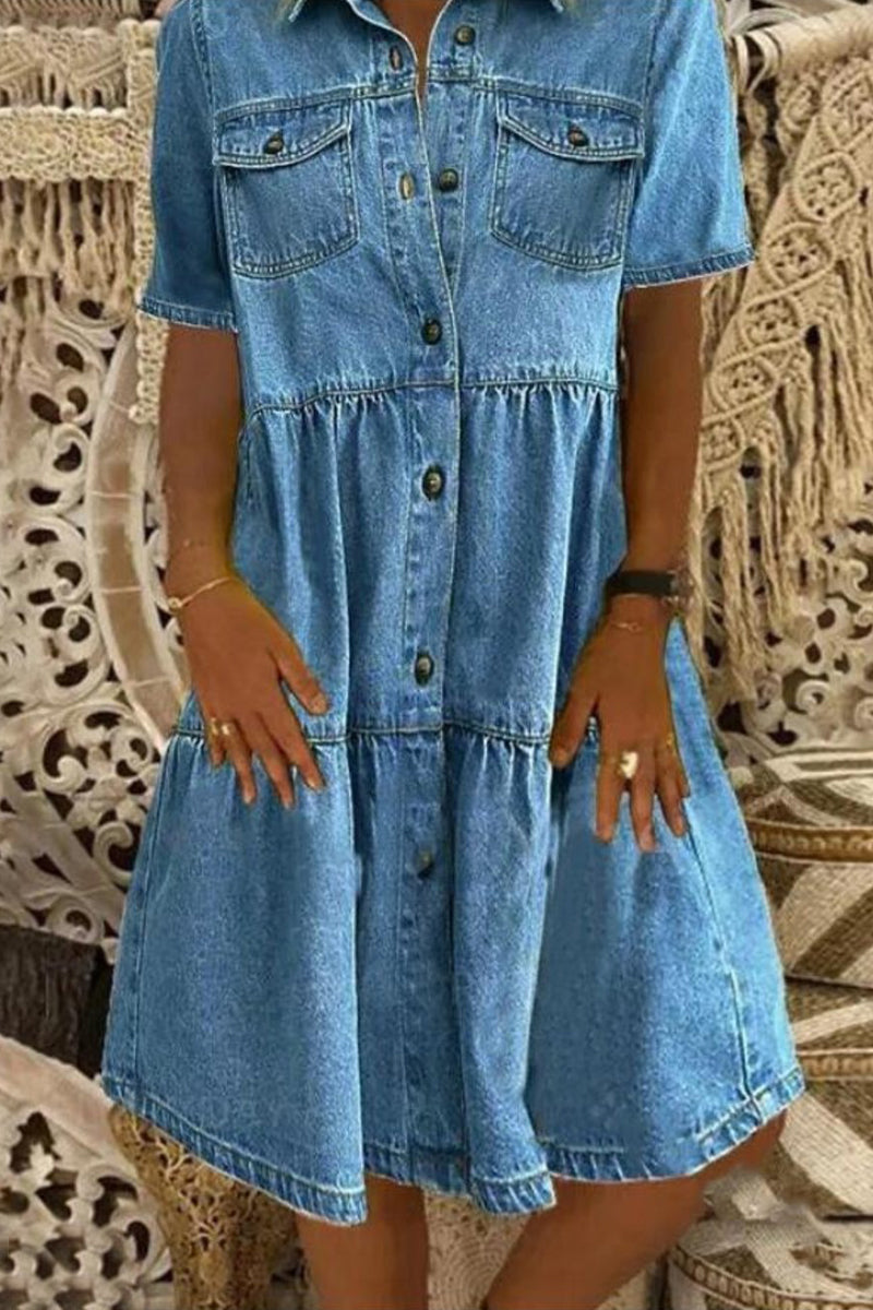 Casual Solid Patchwork Turndown Collar Short Sleeve Loose Denim Dresses(3 Colors)