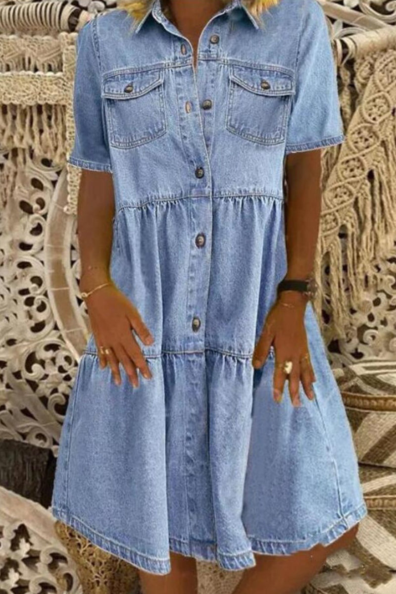 Casual Solid Patchwork Turndown Collar Short Sleeve Loose Denim Dresses(3 Colors)