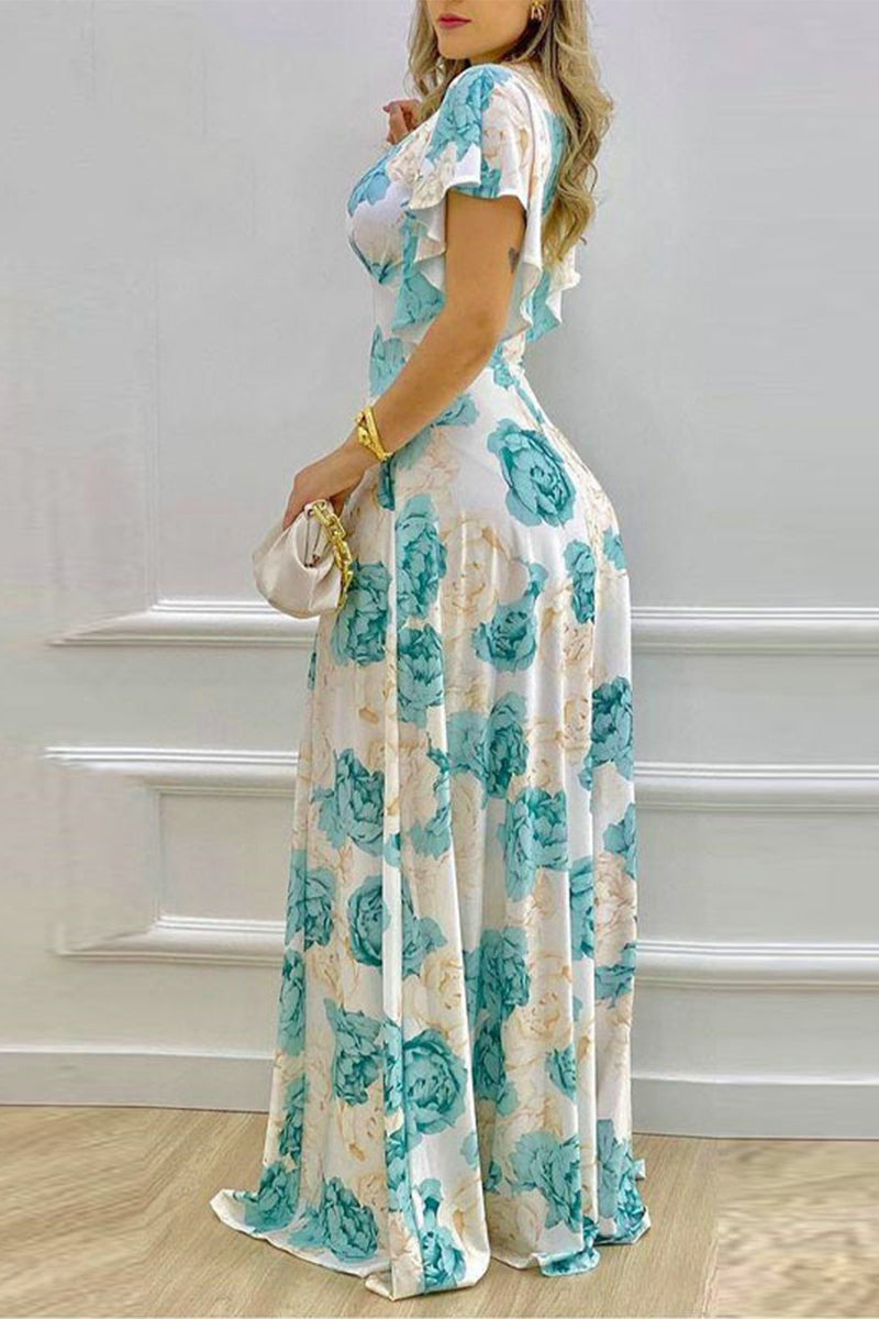 Elegant Floral Patchwork V Neck Irregular Dress Dresses