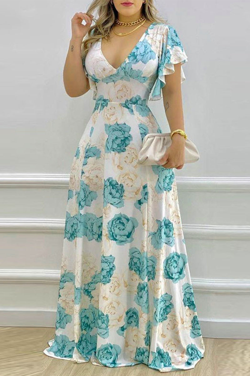 Elegant Floral Patchwork V Neck Irregular Dress Dresses