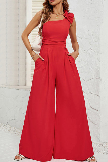 Casual Solid Pocket Flounce Oblique Collar Straight Jumpsuits