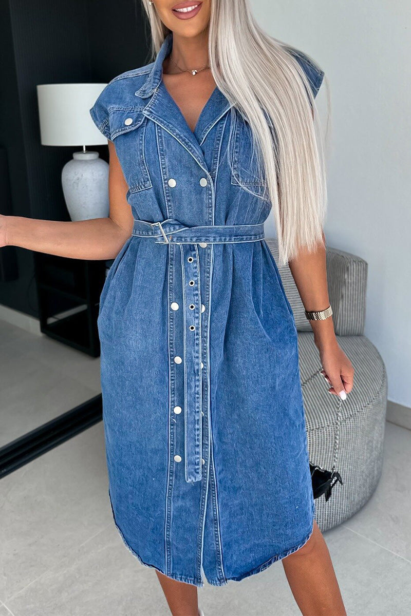 Casual Solid Pocket Turndown Collar Sleeveless Straight Denim Dresses