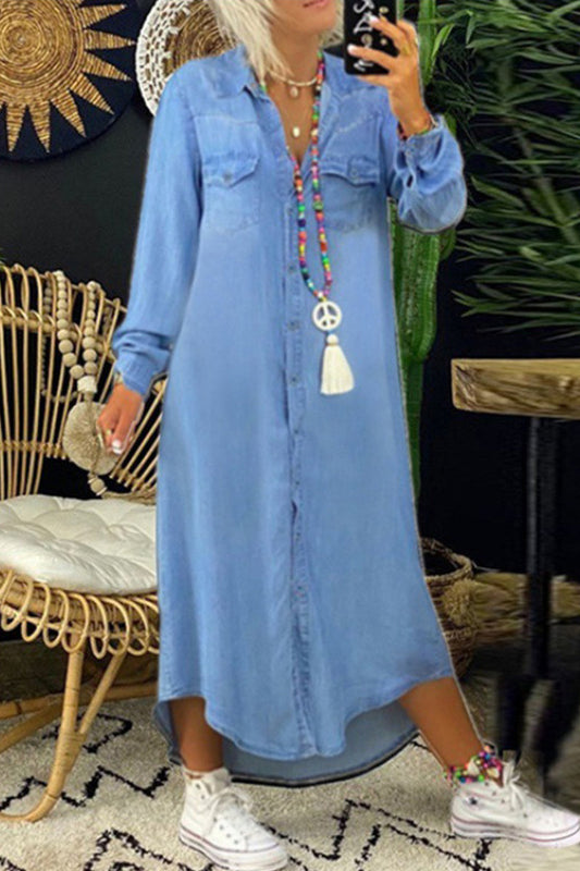 Casual Street Solid Patchwork Shirt Collar Long Sleeve Loose Denim Dresses