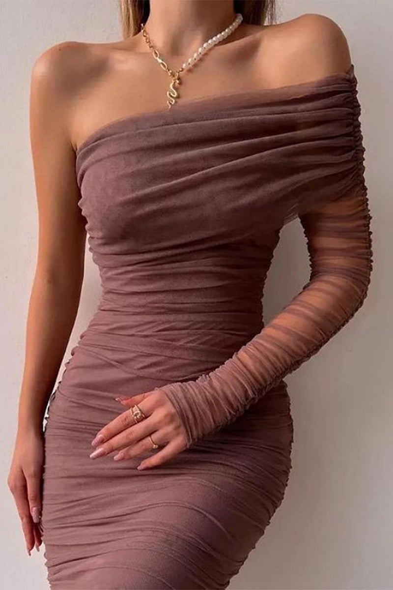 Sexy Formal Solid Patchwork Oblique Collar Evening Dress Dresses