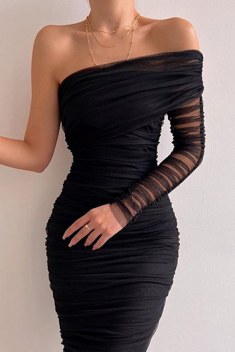 Sexy Formal Solid Patchwork Oblique Collar Evening Dress Dresses