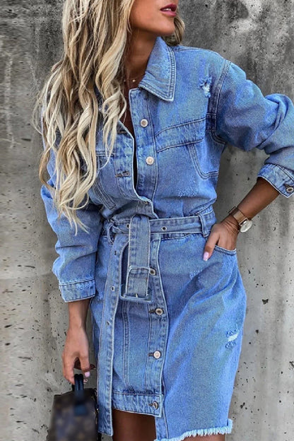 Casual Solid Patchwork With Belt Turndown Collar Long Sleeve Regular Denim Dresses