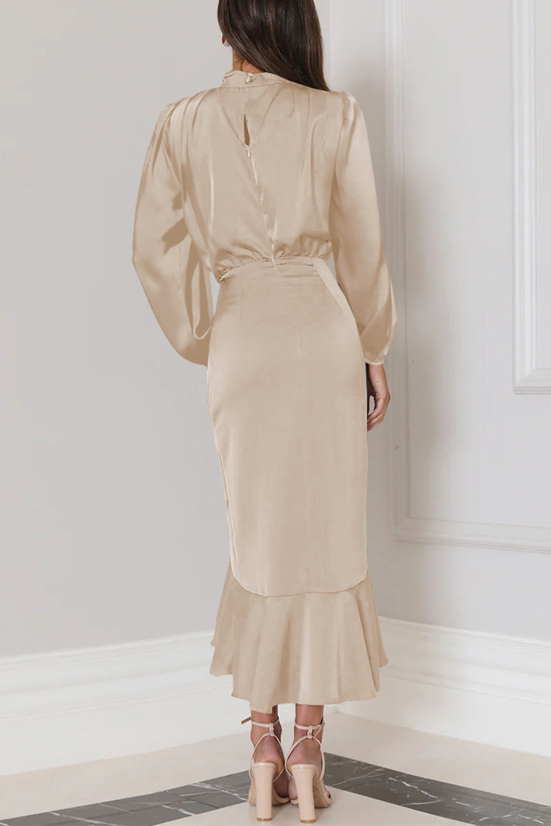 Elegant Solid Flounce Fold Turtleneck Evening Dress Dresses