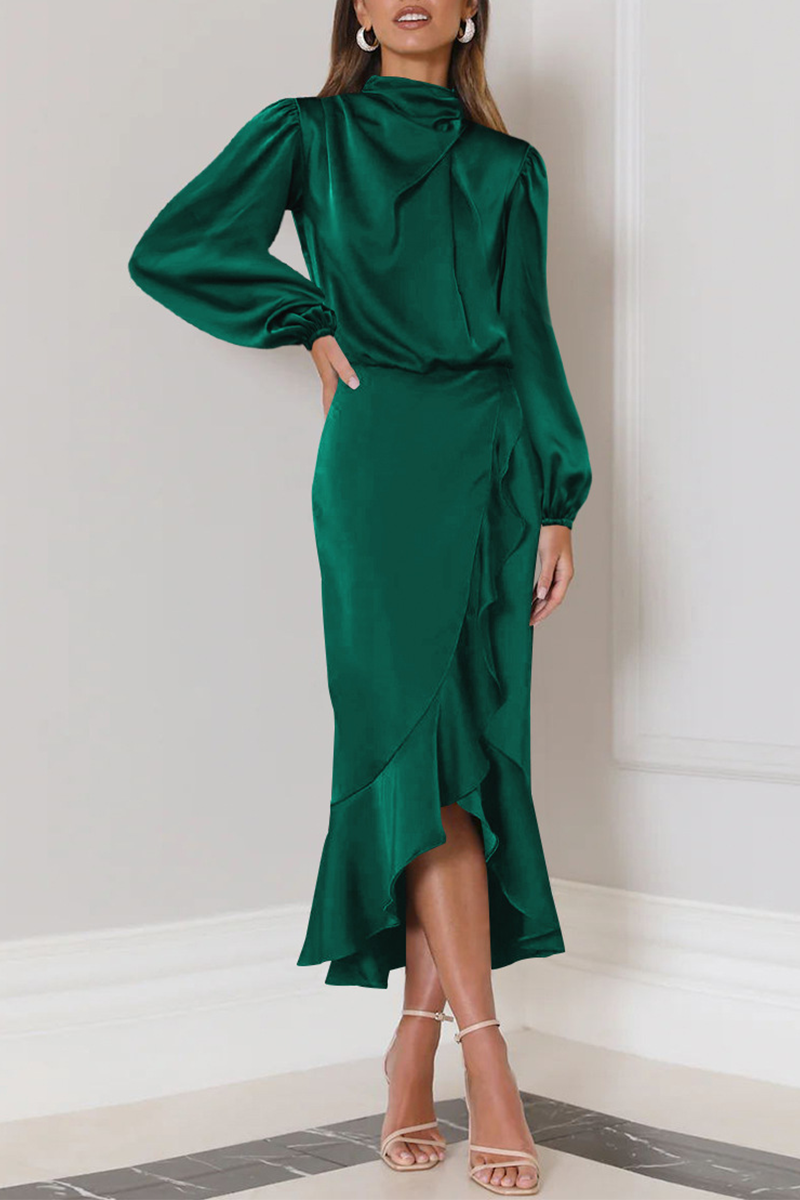 Elegant Solid Flounce Fold Turtleneck Evening Dress Dresses