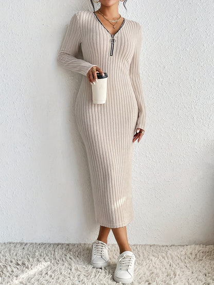 Elegant Spring/Fall V-Neck Pencil Dress - Comfortable Mid-Elastic Knit, Chic Zip-Up, Durable & Easy-Care