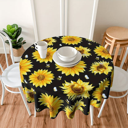 1pc Vibrant Summer Sunflower Tablecloth - Durable Polyester, Stain and Wrinkle Free, Perfect for Party, Home, Kitchen, Dining, and Picnic Decorations - Vibrant Yellow and Black, Sunflower and Bumble Bee Design, Easy-to-Clean, Long-Lasting, and Essential H