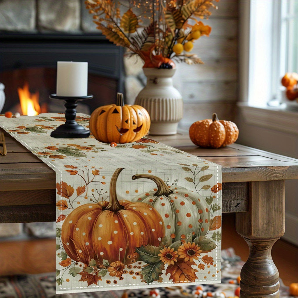 1pc Vibrant Autumn Pumpkin Maple Leaf Table Runner - Polyester Woven Rectangular Fabric, 14.5x19.7 inches, Waterproof and Stain-Resistant, Festive Home & Kitchen Decor for Halloween, Thanksgiving, and Holiday Season, Easy to Clean and Store