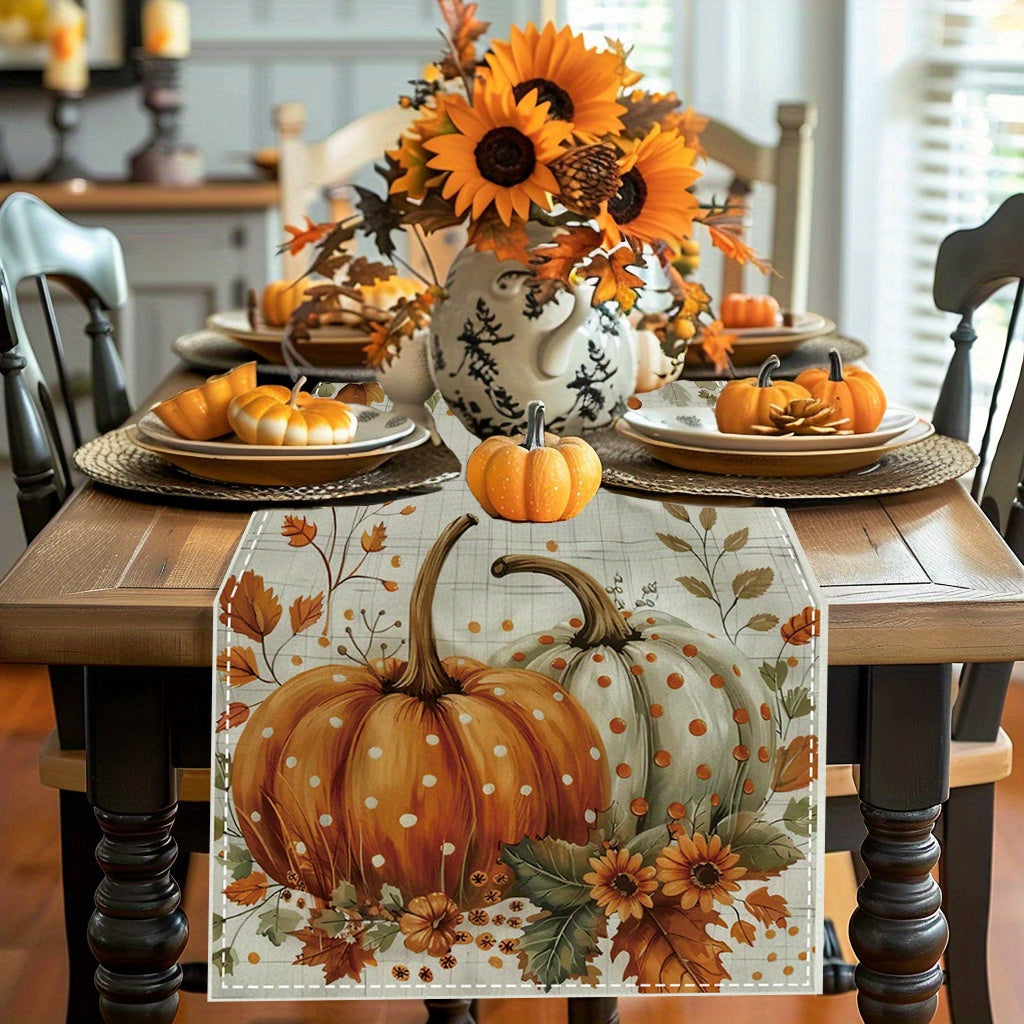 1pc Vibrant Autumn Pumpkin Maple Leaf Table Runner - Polyester Woven Rectangular Fabric, 14.5x19.7 inches, Waterproof and Stain-Resistant, Festive Home & Kitchen Decor for Halloween, Thanksgiving, and Holiday Season, Easy to Clean and Store