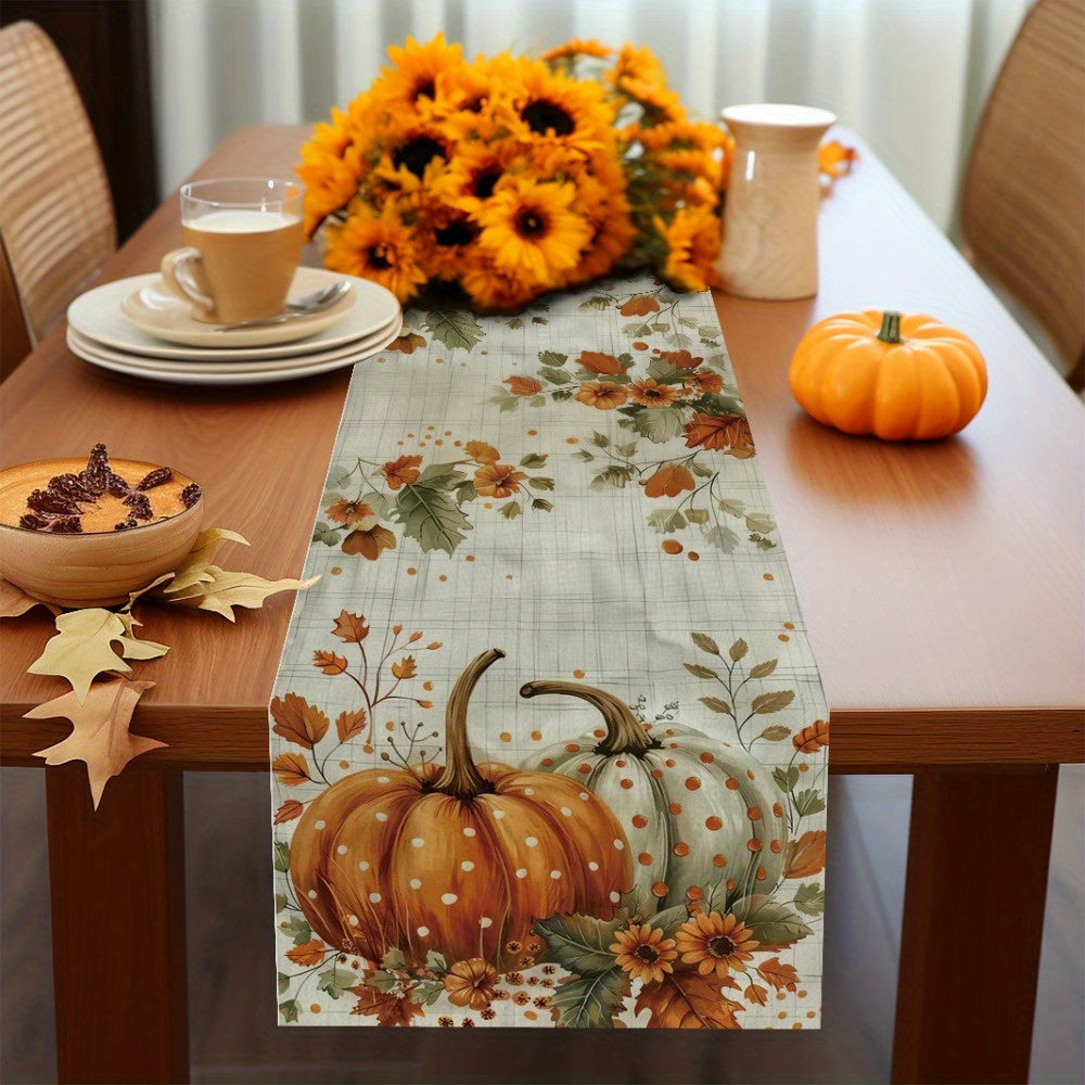 1pc Vibrant Autumn Pumpkin Maple Leaf Table Runner - Polyester Woven Rectangular Fabric, 14.5x19.7 inches, Waterproof and Stain-Resistant, Festive Home & Kitchen Decor for Halloween, Thanksgiving, and Holiday Season, Easy to Clean and Store