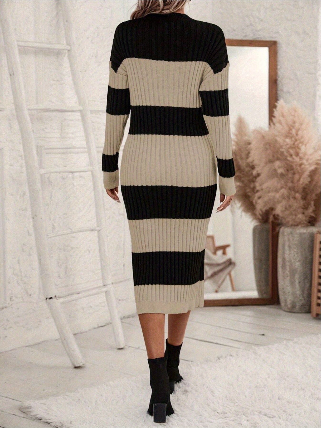 Bodycon Ribbed Knit Dress, Elegant Color Block Long Sleeve V Neck Slim Midi Dress For Fall & Winter, Women's Clothing