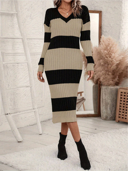 Bodycon Ribbed Knit Dress, Elegant Color Block Long Sleeve V Neck Slim Midi Dress For Fall & Winter, Women's Clothing