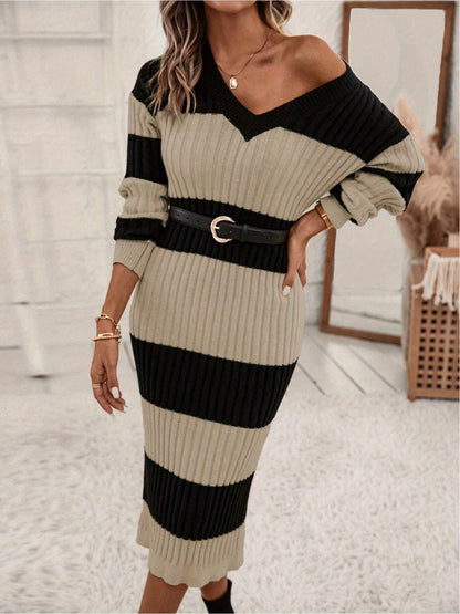 Bodycon Ribbed Knit Dress, Elegant Color Block Long Sleeve V Neck Slim Midi Dress For Fall & Winter, Women's Clothing