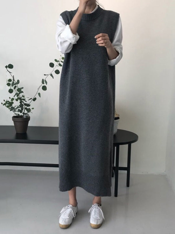 Urban Loose Sleeveless Solid Color Round-Neck Midi Dresses Sweater Dresses