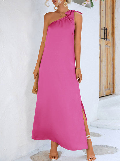 vmtvr - Loose Sleeveless Solid Color One-Shoulder Maxi Dresses