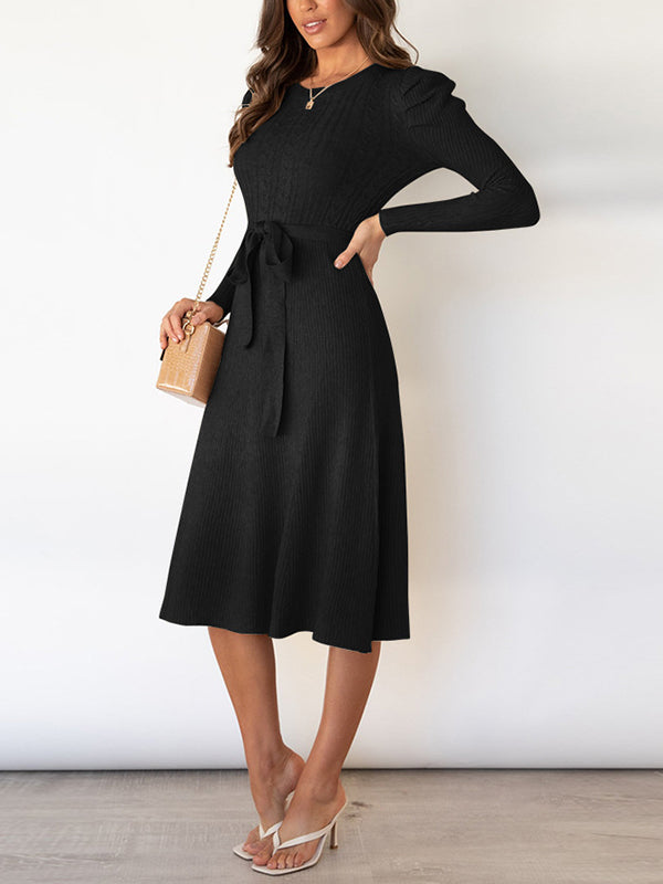 vmtvr - High Waisted Long Sleeves Solid Color Tied Waist Round-Neck Midi Dresses Sweater Dresses